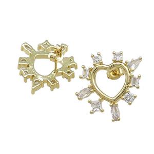 Copper Heart Stud Earrings Pave Zircon Gold Plated, approx 20mm