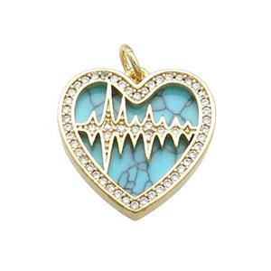Copper Heart Pendant Pave Turquoise Zircon Gold Plated, approx 18mm