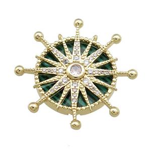 Copper Sun Pendant Pave Synthetic Malachite Zircon Gold Plated, approx 28mm
