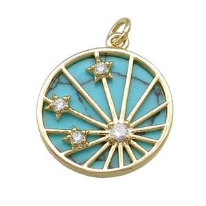 Copper Sun Ray Pendant Pave Synthetic Turquoise Zircon Star Gold Plated, approx 18.5mm dia