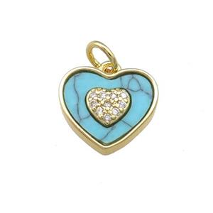 Copper Heart Pendant Pave Turquoise Zircon Gold Plated, approx 12mm