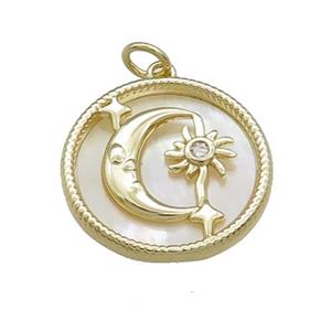 Moon Charms Copper Circle Pendant Pave Shell Star Gold Plated, approx 20mm