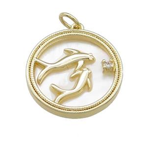 Dolphins Charms Copper Circle Pendant Pave Shell Gold Plated, approx 18mm