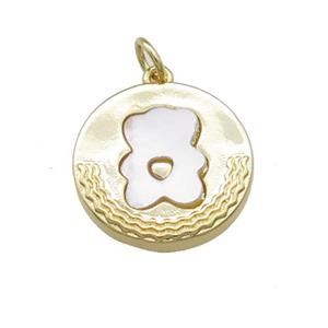 Bear Charms Copper Circle Pendant Pave Shell Gold Plated, approx 17mm