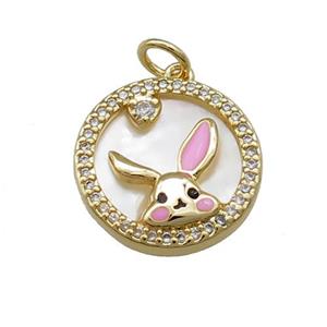 Rabbit Charms Copper Circle Pendant Pave Shell Zircon Gold Plated, approx 16mm