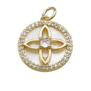 Flower Charms Copper Circle Pendant Pave Shell Zircon Gold Plated, approx 16mm