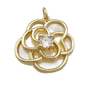 Copper Flower Pendant Pave Shell Zircon Gold Plated, approx 20mm