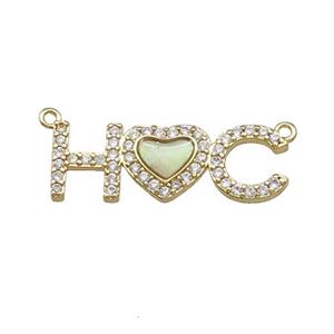 Copper Heart Pendant Pave Shell Zircon Letter 2loops Gold Plated, approx 8-22mm