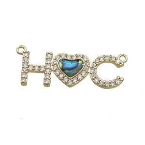 Copper Heart Pendant Pave Abalone Shell Zircon Letter 2loops Gold Plated, approx 8-22mm
