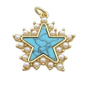 Copper Star Pendant Pave Synthetic Turquoise Pearlized Resin Gold Plated, approx 22mm