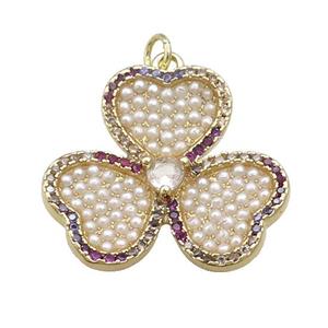 Copper Clover Charms Pendant Pave Pearlized Resin Zircon Gold Plated, approx 27mm