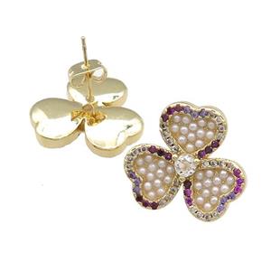 Copper Clover Stud Earrings Pave Pearlized Shell Zircon Gold Plated, approx 20mm