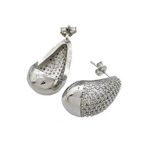 Copper Teardrop Stud Earrings Pave Zircon Dome Platinum Plated, approx 14-24mm
