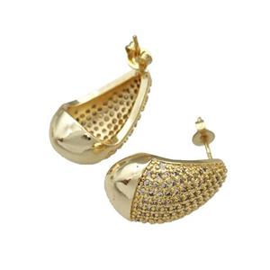 Copper Teardop Stud Earrings Pave Zircon Dome Gold Plated, approx 14-24mm