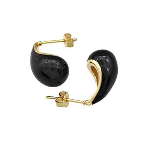 Copper Teardrop Stud Earrings Black Enamel Gold Plated, approx 10-18mm
