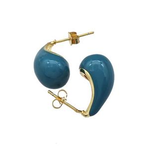 Copper Teardrop Stud Earrings Teal Enamel Gold Plated, approx 10-18mm