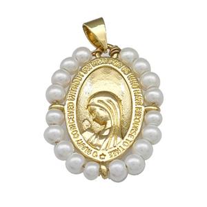 Virgin Mary Charms Copper Oval Pendant Prayer With Pearlized Resin Wire Wrapped Gold Plated, approx 18-25mm