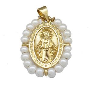 Virgin Mary Charms Copper Oval Pendant With Pearlized Resin Wire Wrapped Gold Plated, approx 18-25mm