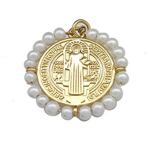 Saint Jude Charms Copper Circle Pendant With Pearlized Resin Wire Wrapped Gold Plated, approx 25mm