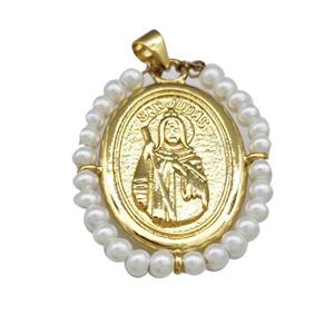 Saint Jude Charms Copper Oval Pendant With Pearlized Resin Wire Wrapped Gold Plated, approx 25-30mm