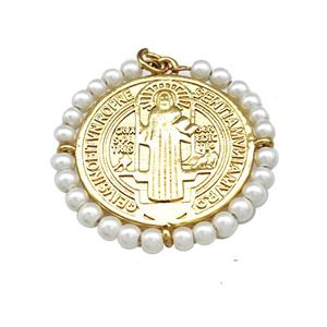 Saint Jude Charms Copper Circle Pendant With Pearlized Resin Wire Wrapped Gold Plated, approx 30mm