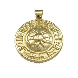 Zodiac Horoscope Charms Copper Sun Moon Pendant Circle Gold Plated, approx 28mm