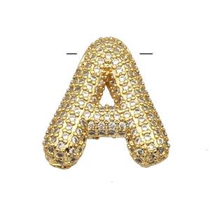 Copper Pendant Micro Pave Zirconia Letter-A Gold Plated, approx 16-22mm