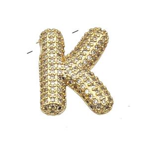 Copper Pendant Pave Zircon Letter-K Gold Plated, approx 16-22mm