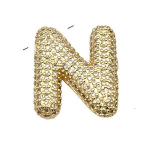 Copper Pendant Pave Zircon Letter-N Gold Plated, approx 16-22mm
