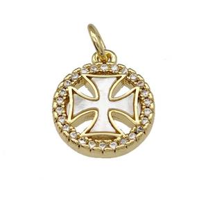 Copper Coin Pendant Pave Shell Zirconia Cross 18K Gold Plated, approx 12mm