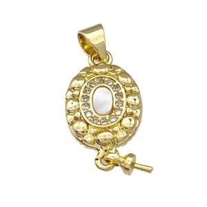 Copper Oval Pendant Pave Shell Zircon With Bail 18K Gold Plated, approx 10-13mm