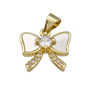 Copper Bowknot Charms Pendant Pave Shell Zirconia 18K Gold Plated, approx 12-15mm