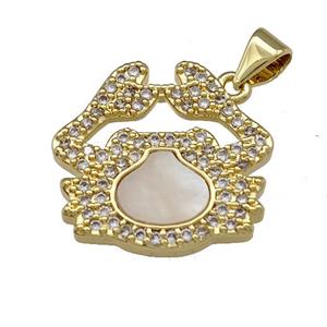 Crab Charms Copper Pendant Pave Shell Zirconia 18K Gold Plated, approx 18-20mm