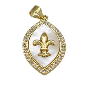 Copper Oval Pendant Pave Shell Zirconia Fleur De Lis 18K Gold Plated, approx 16-24mm