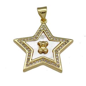 Copper Star Pendant Pave Shell Zirconia Bear 18K Gold Plated, approx 23mm