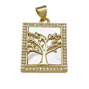 Copper Tree Pendant Pave Shell Zirconia Rectangle 18K Gold Plated, approx 17-21mm