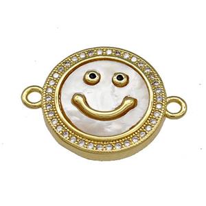 Copper Emoji Connector Pave Shell Zirconia Smile Face 18K Gold Plated, approx 18mm