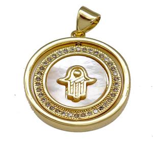 Copper Circle Pendant Pave Shell Zirconia Hamsahand 18K Gold Plated, approx 20mm