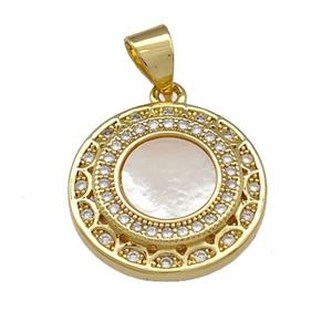 Copper Circle Pendant Pave Shell Zirconia 18K Gold Plated, approx 16mm