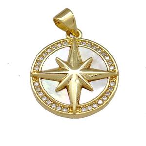 Copper Northstar Pendant Pave Shell Zirconia Circle 18K Gold Plated, approx 18mm