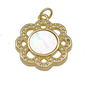Copper Flower Pendant Pave Shell Zirconia 18K Gold Plated, approx 18mm