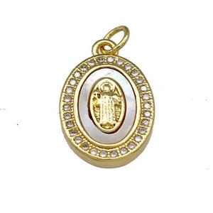 Jesus Charms Copper Oval Pendant Micro Pave Shell Zirconia 18K Gold Plated, approx 13-16mm