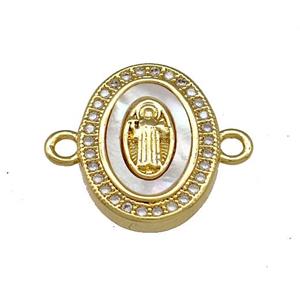 Jesus Charms Copper Oval Connector Micro Pave Shell Zirconia 18K Gold Plated, approx 13-16mm