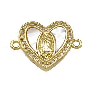 Jesus Charms Copper Heart Connector Micro Pave Shell Zirconia 18K Gold Plated, approx 18mm