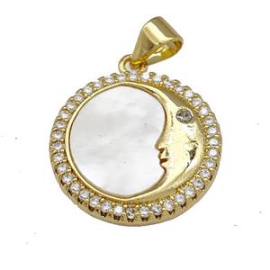 Moon Charms Copper Circle Pendant Micro Pave Shell Zirconia 18K Gold Plated, approx 18mm