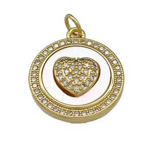 Copper Heart Pendant Pave Shell Zirconia Circle 18K Gold Plated, approx 18mm