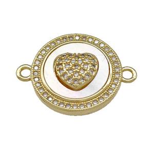 Copper Heart Connector Pave Shell Zirconia Circle 18K Gold Plated, approx 18mm