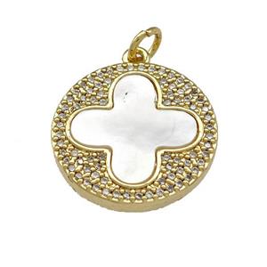Copper Clover Pendant Micro Pave Shell Zirconia Circle 18K Gold Plated, approx 19mm