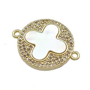 Copper Clover Connector Micro Pave Shell Zirconia Circle 18K Gold Plated, approx 19mm