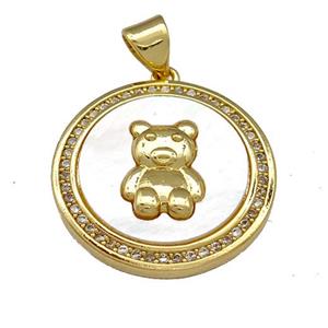 Copper Bear Pendant Pave Shell Zirconia Circle 18K Gold Plated, approx 21mm